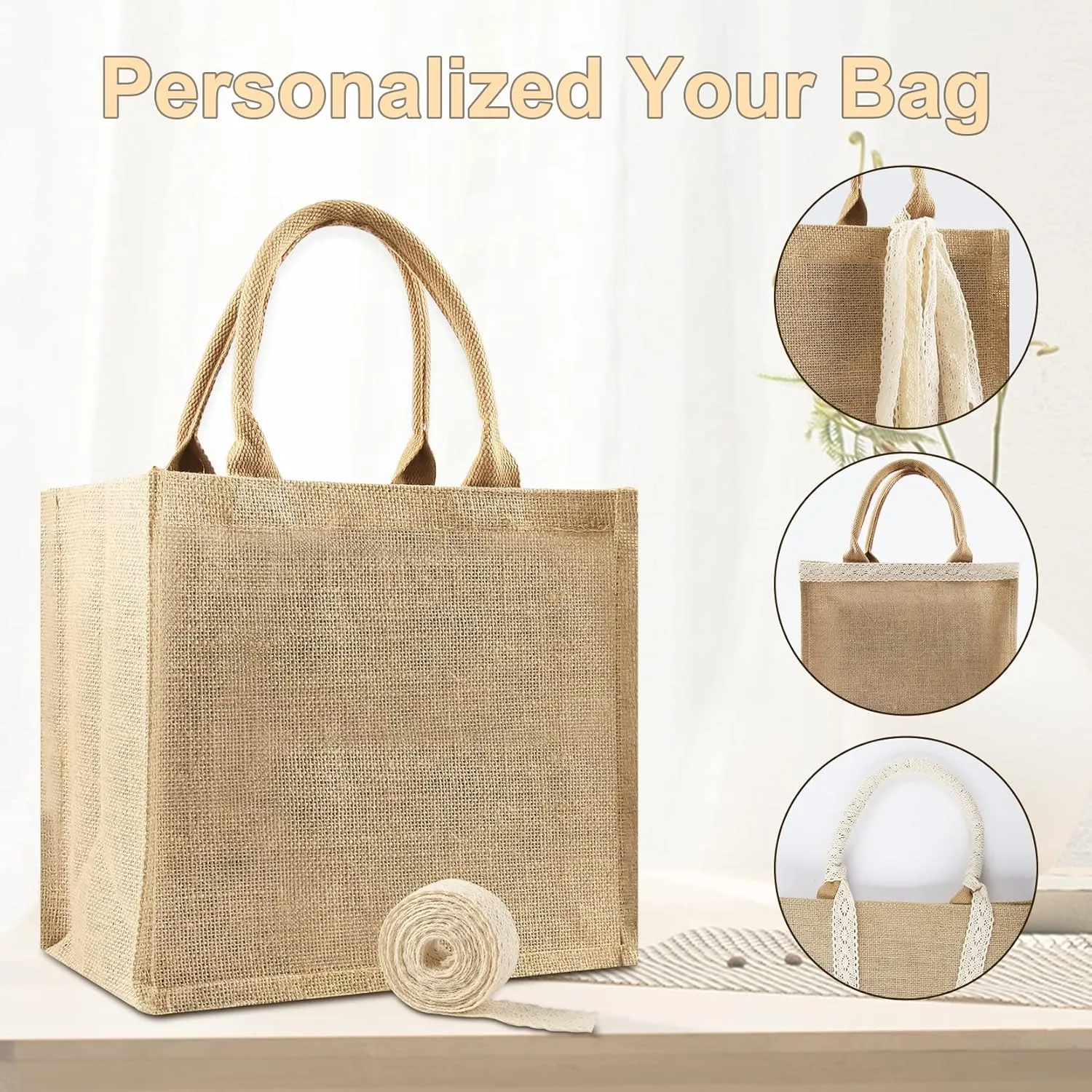 8 Pcs Burlap Tote Bags Bulk, Reusable Jute Tote Bag with 10Yd Ribbon Waterproof Beach Tote Bag for Shopping Bridesmaid Gifts Bags 12.2''x10.6''x6.3''