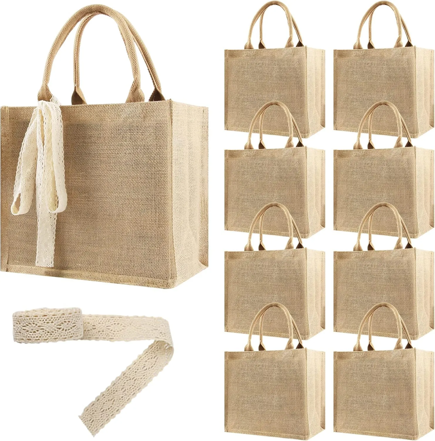 8 Pcs Burlap Tote Bags Bulk, Reusable Jute Tote Bag with 10Yd Ribbon Waterproof Beach Tote Bag for Shopping Bridesmaid Gifts Bags 12.2''x10.6''x6.3''