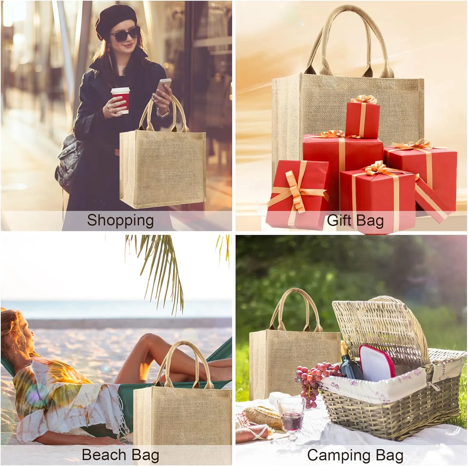 8 Pcs Burlap Tote Bags Bulk, Reusable Jute Tote Bag with 10Yd Ribbon Waterproof Beach Tote Bag for Shopping Bridesmaid Gifts Bags 12.2''x10.6''x6.3''
