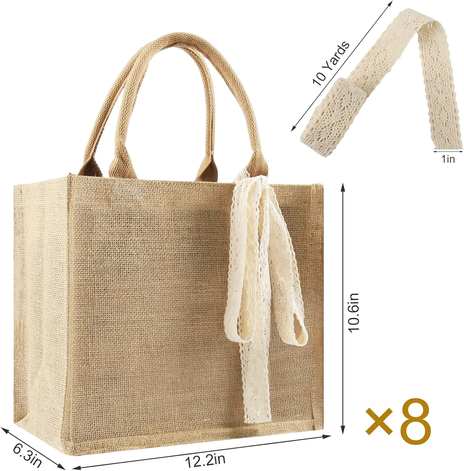 8 Pcs Burlap Tote Bags Bulk, Reusable Jute Tote Bag with 10Yd Ribbon Waterproof Beach Tote Bag for Shopping Bridesmaid Gifts Bags 12.2''x10.6''x6.3''