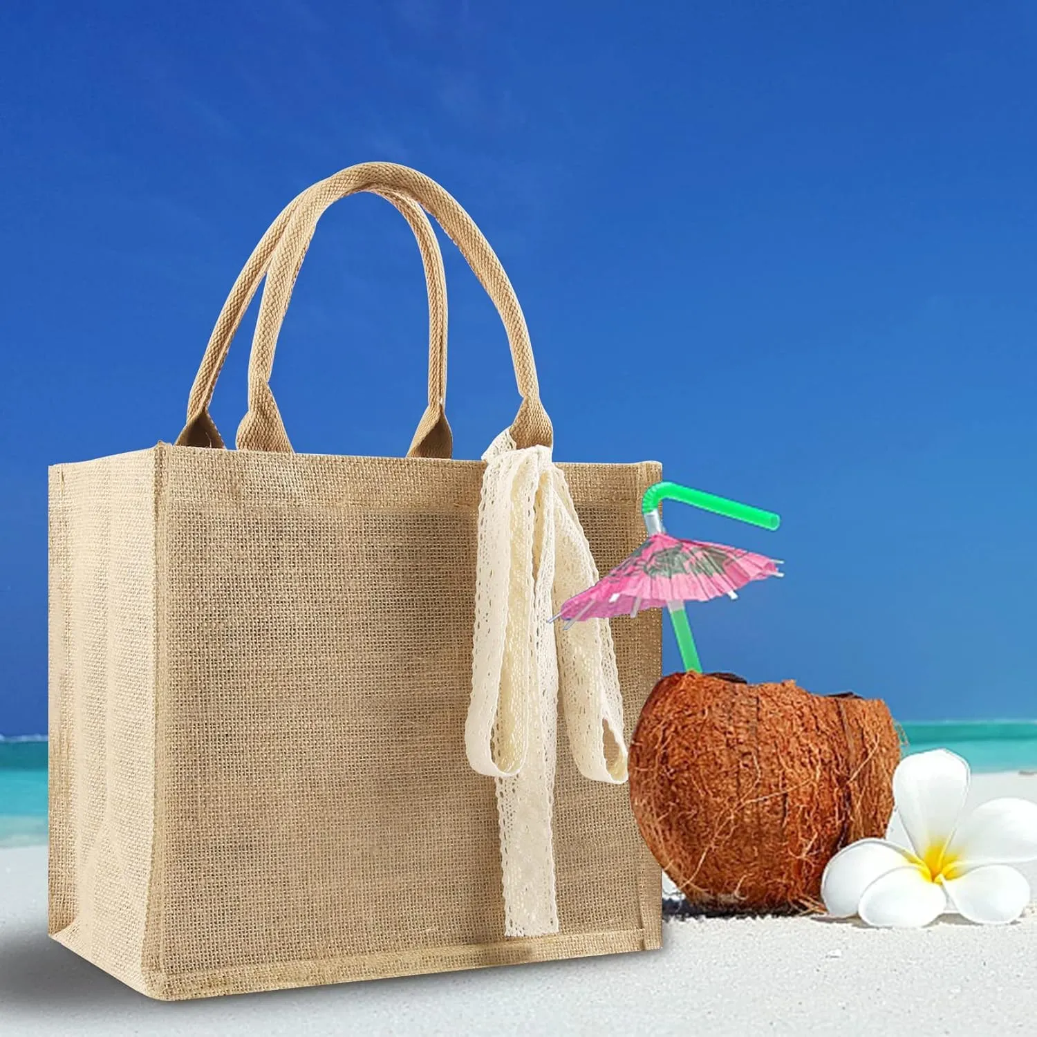 8 Pcs Burlap Tote Bags Bulk, Reusable Jute Tote Bag with 10Yd Ribbon Waterproof Beach Tote Bag for Shopping Bridesmaid Gifts Bags 12.2''x10.6''x6.3''