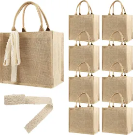 8 Pcs Burlap Tote Bags Bulk, Reusable Jute Tote Bag with 10Yd Ribbon Waterproof Beach Tote Bag for Shopping Bridesmaid Gifts Bags 12.2''x10.6''x6.3''