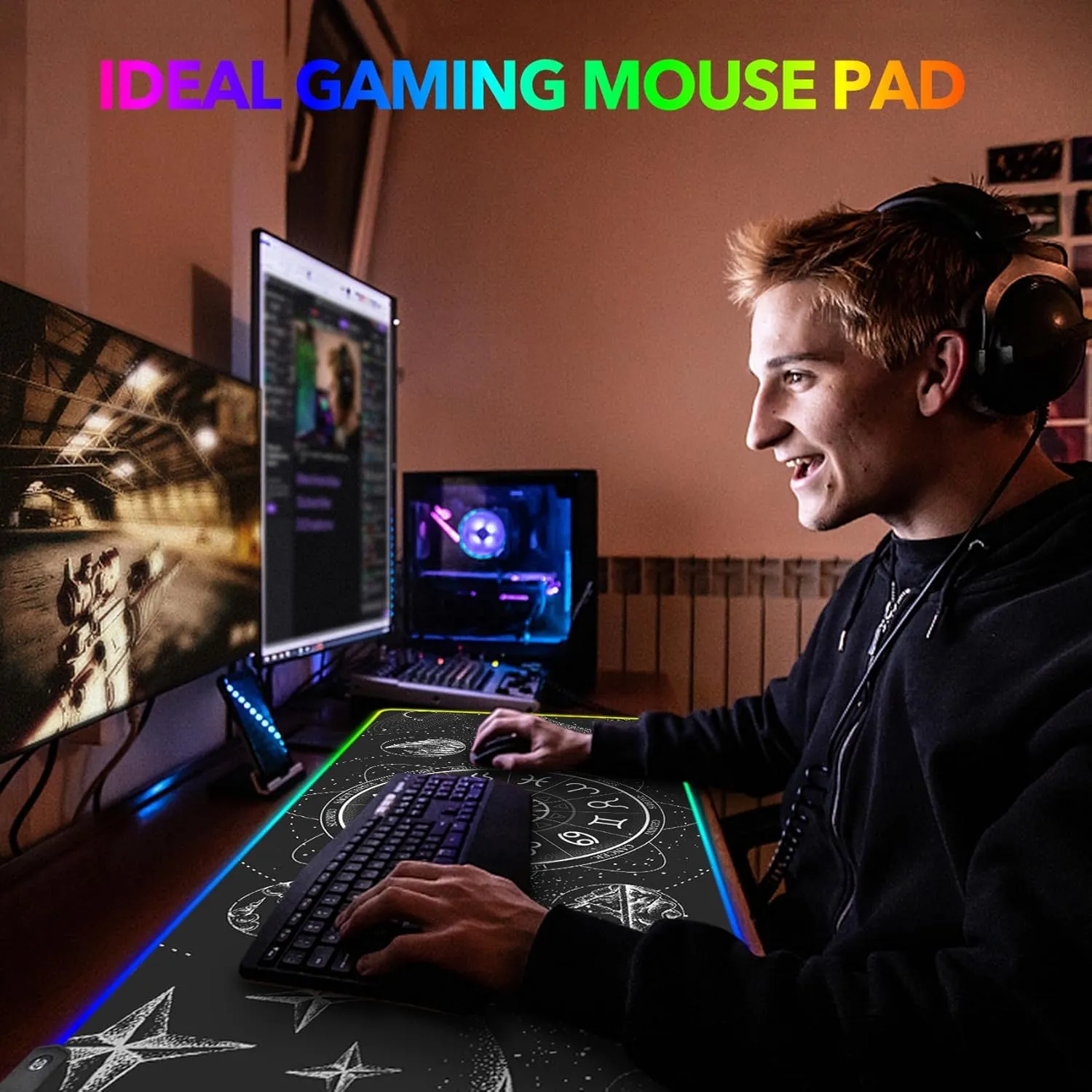 AIMSA RGB LED Gaming Mouse Pad, 14 Modes Glow Pad, Extra Large Gaming Mousepad, 35.4 x 15.8 inch Extended Big Waterproof Keyboard Mouse Pad Mat, Black Cosmic Constellation Magic