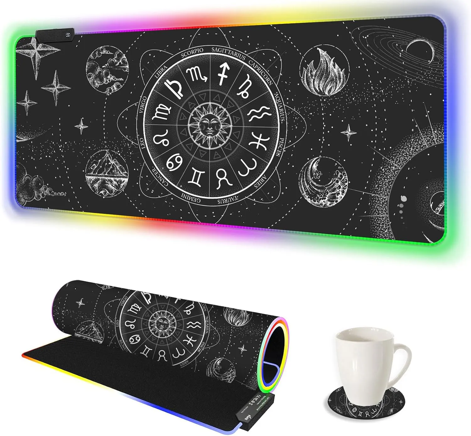 AIMSA RGB LED Gaming Mouse Pad, 14 Modes Glow Pad, Extra Large Gaming Mousepad, 35.4 x 15.8 inch Extended Big Waterproof Keyboard Mouse Pad Mat, Black Cosmic Constellation Magic