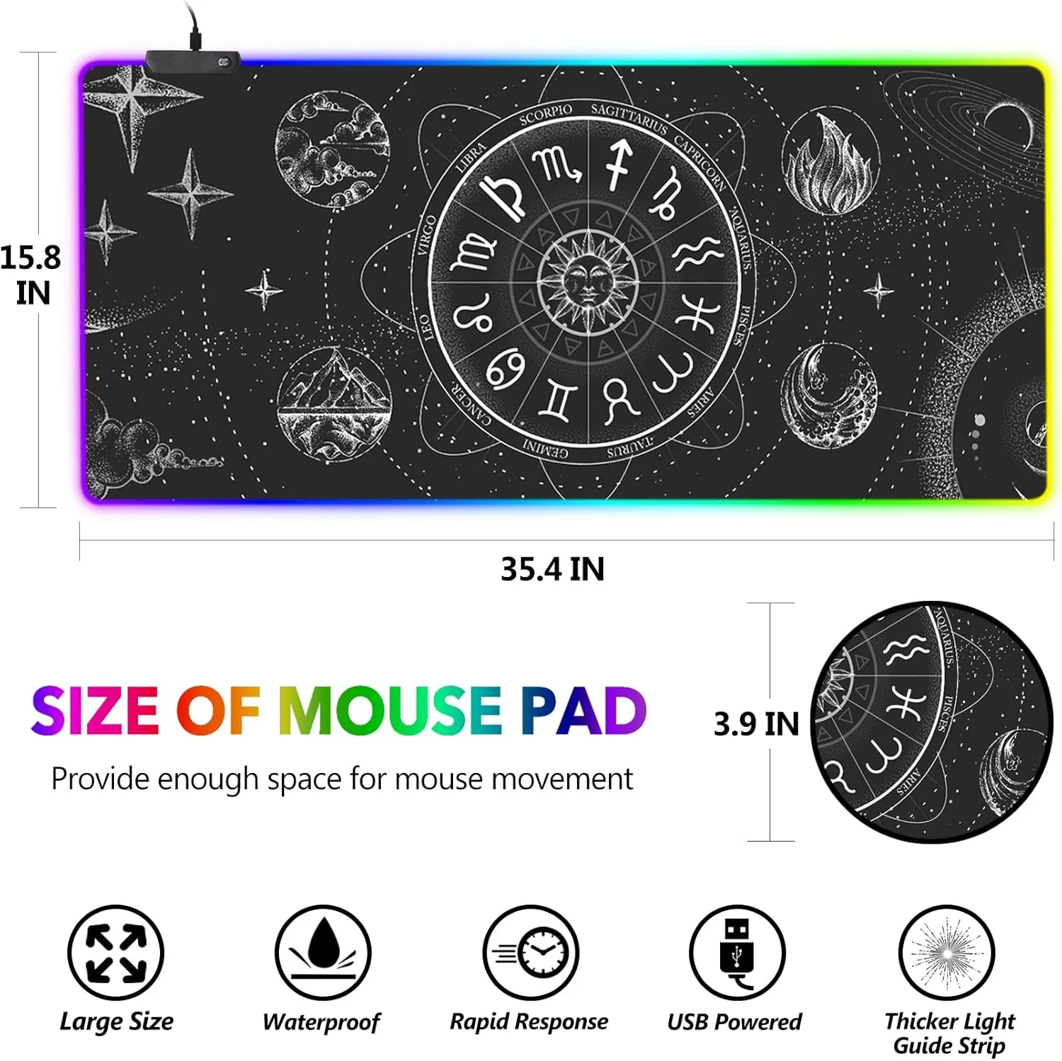 AIMSA RGB LED Gaming Mouse Pad, 14 Modes Glow Pad, Extra Large Gaming Mousepad, 35.4 x 15.8 inch Extended Big Waterproof Keyboard Mouse Pad Mat, Black Cosmic Constellation Magic