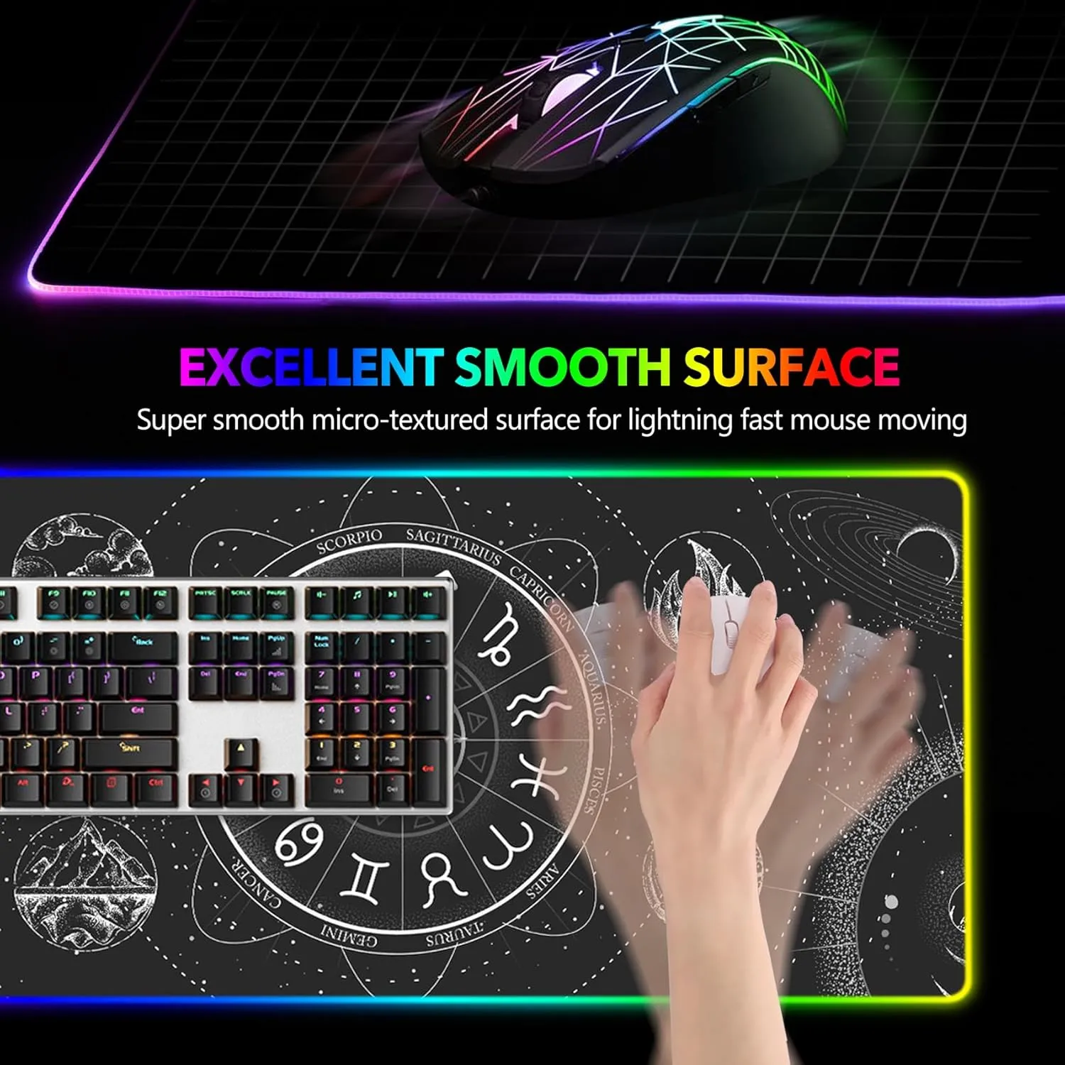 AIMSA RGB LED Gaming Mouse Pad, 14 Modes Glow Pad, Extra Large Gaming Mousepad, 35.4 x 15.8 inch Extended Big Waterproof Keyboard Mouse Pad Mat, Black Cosmic Constellation Magic