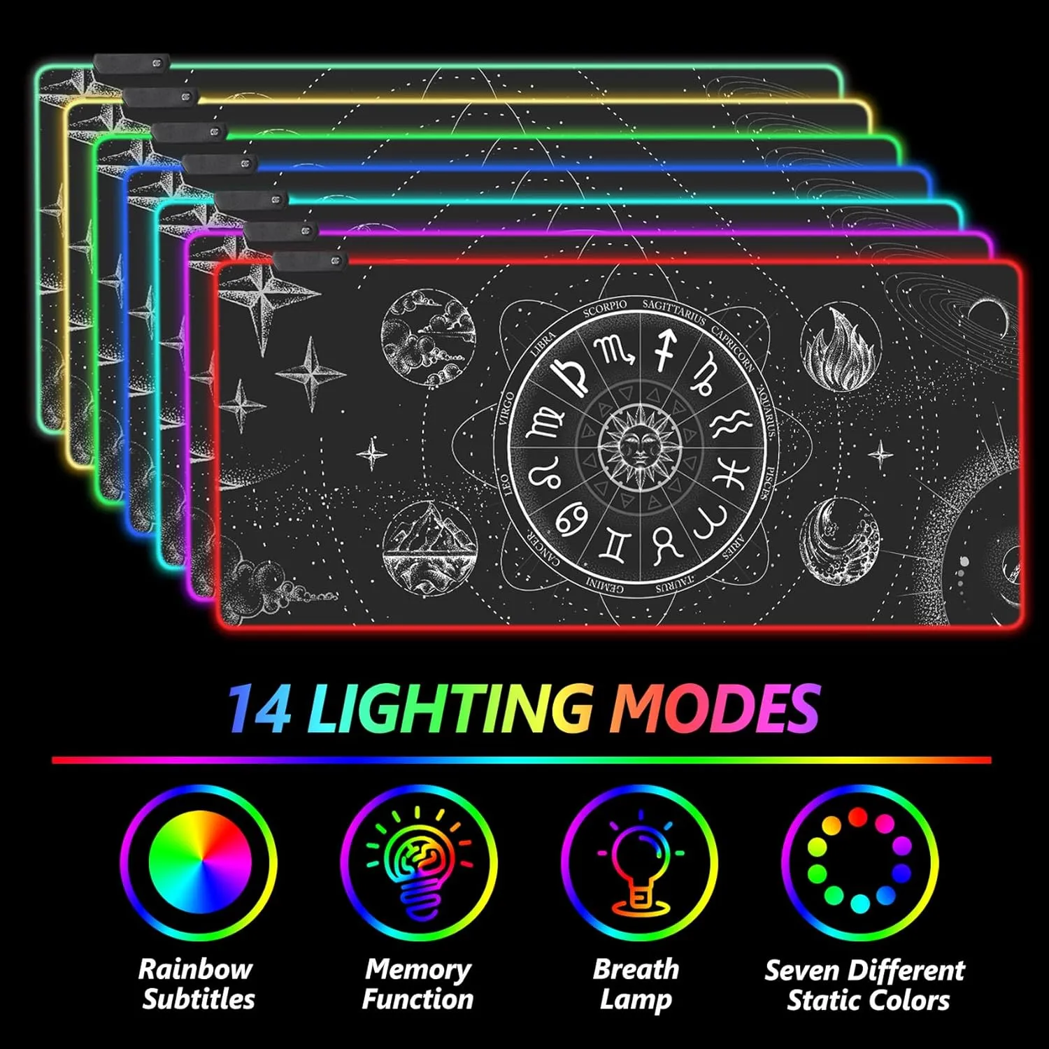 AIMSA RGB LED Gaming Mouse Pad, 14 Modes Glow Pad, Extra Large Gaming Mousepad, 35.4 x 15.8 inch Extended Big Waterproof Keyboard Mouse Pad Mat, Black Cosmic Constellation Magic