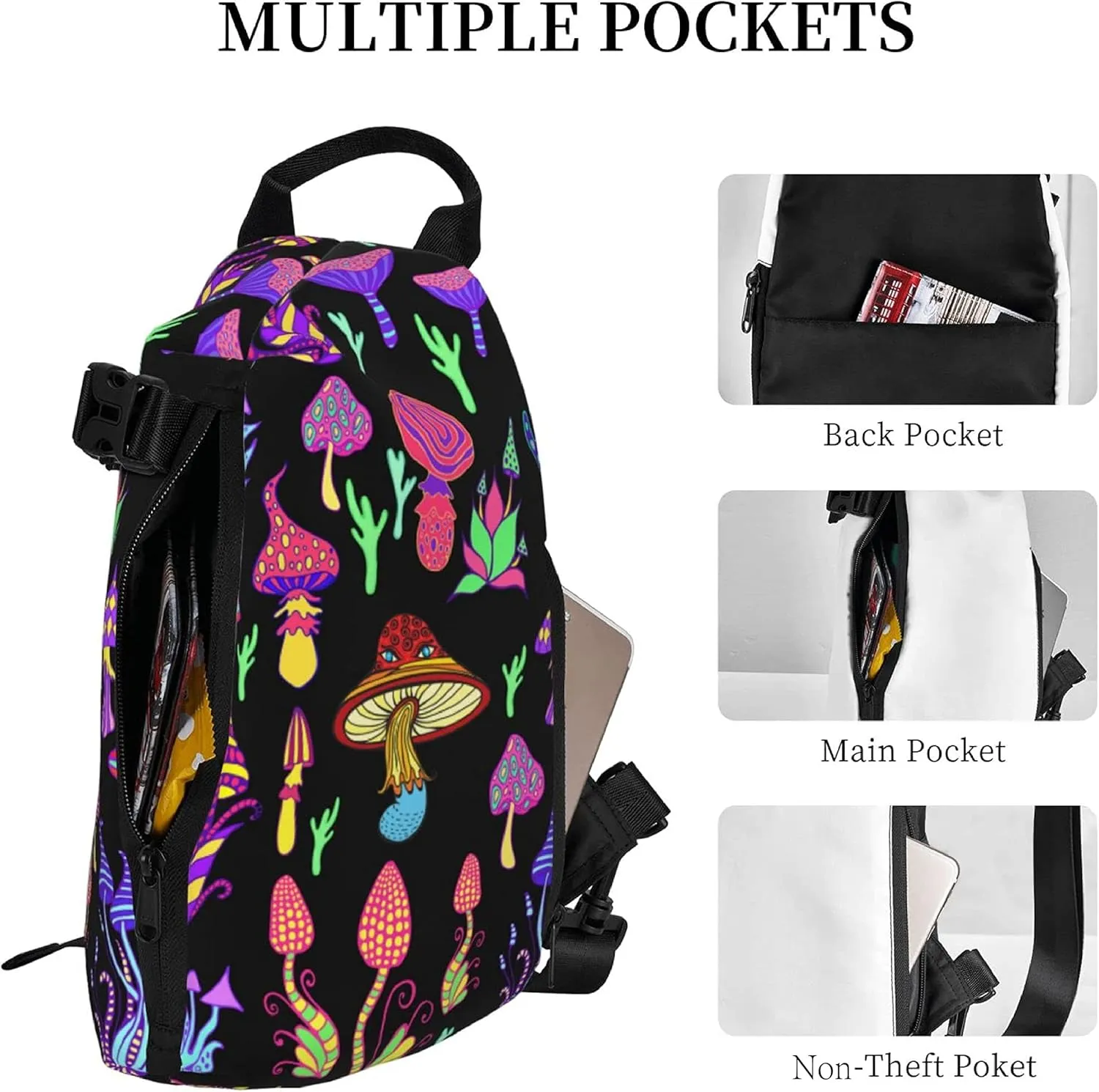 bassyil Mushroom Sling Bag Crossbody Travel Hiking Chest Backpack Shoulder Daypack for Women Men