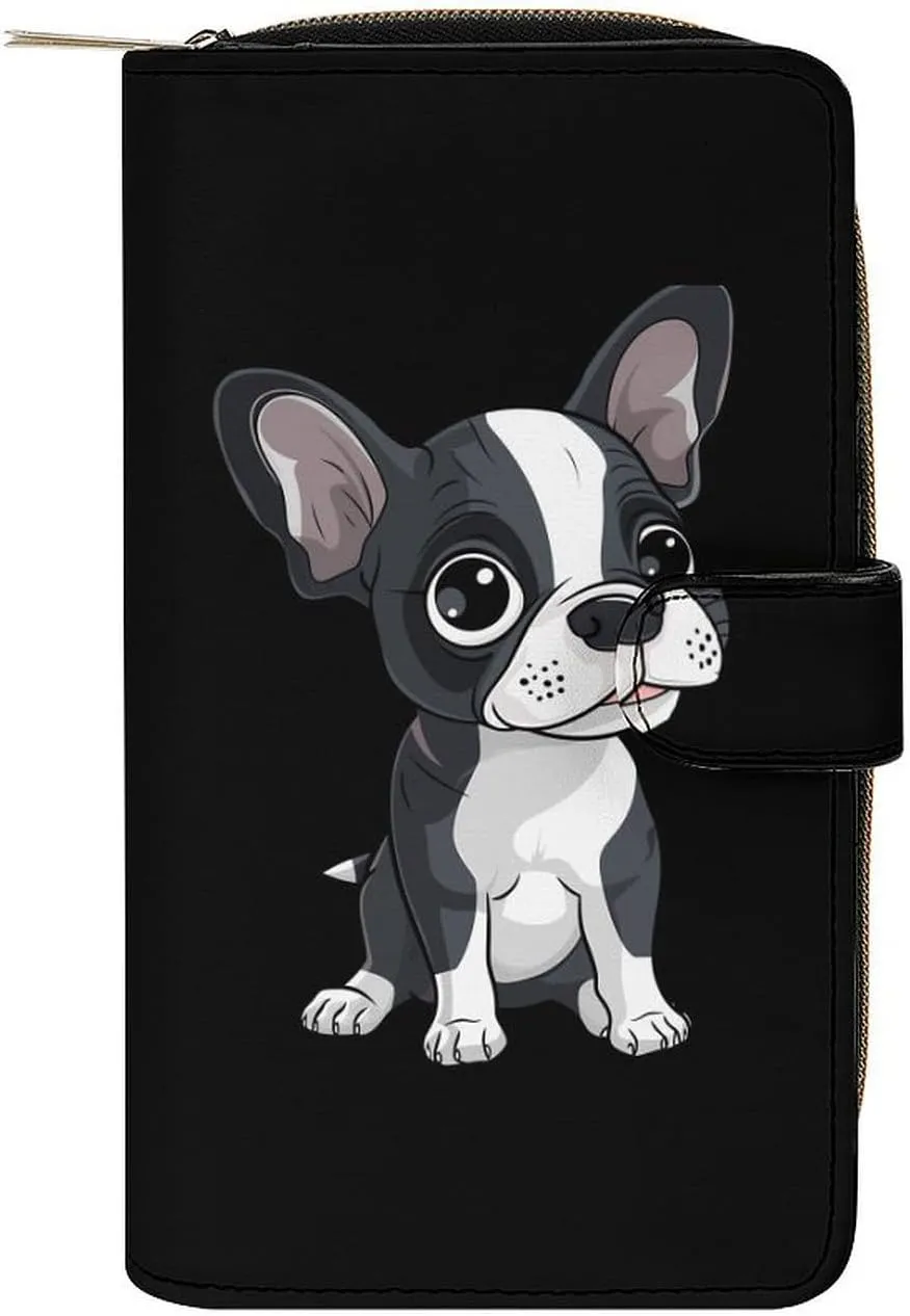 Boston Terrier Womens Leather Long Wallet Fashion Card Holder Purse Clutch Handbag with Zip