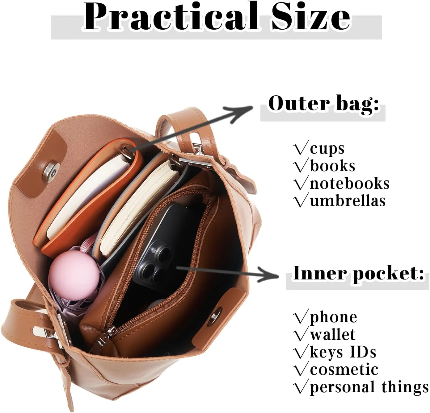 Bucket Bag for Women - Vegan Leather Adjustable Shoulder Bag With Purse Tote Bag for Work,Daily
