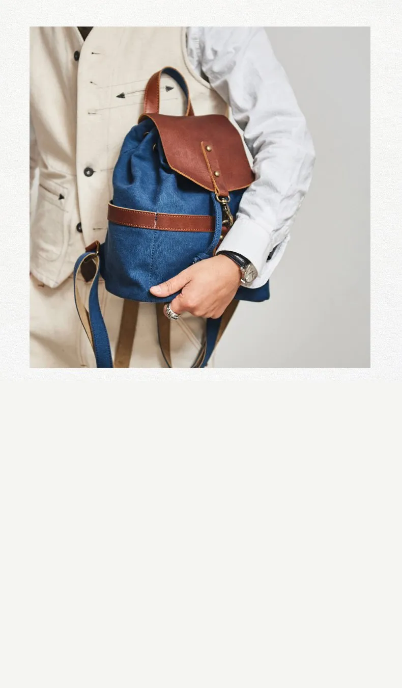 Canvas Leather Mens Womens Backpack Travel Backpack Blue Satchel Rucksack Canvas School Backpack for Men Women