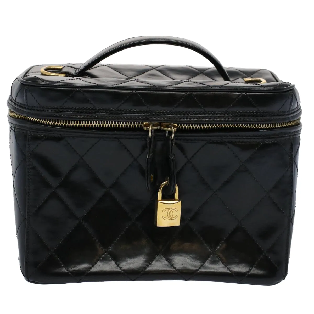 CHANEL Vanity Cosmetic Pouch Patent leather Black CC Auth bs10201