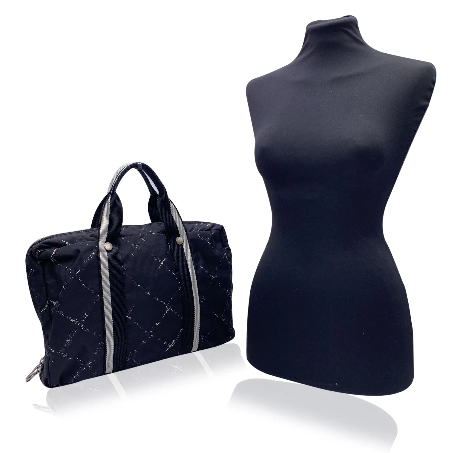 CHANEL Vintage Black Nylon Canvas Old Travel Line Satchel Bag