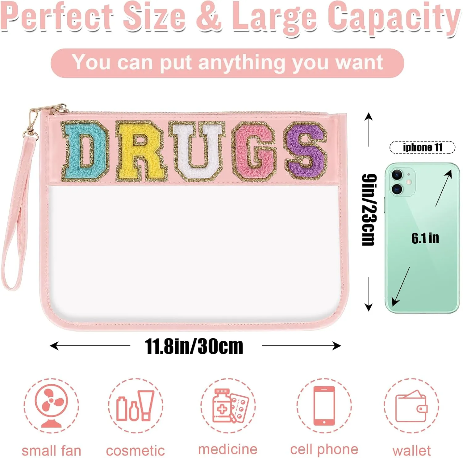 Chenille Letter Clear Bag DRUGS Makeup Pouch, Waterproof Medicine Bag for Traveling Preppy Zipper Pouch with Wristlet, Women Portable Small Cute Glitter Preppy Cosmetic Pouch Toiletry Bag(DRUGS-Pink)
