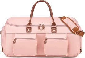 Convertible Garment Bag for Travel, Garment Duffle Bag for Women, PU Leather Travel Garment Bag Carry On, 2 in 1 Suit Travel Bags for Hanging Clothes with Shoe Compartment-Pink