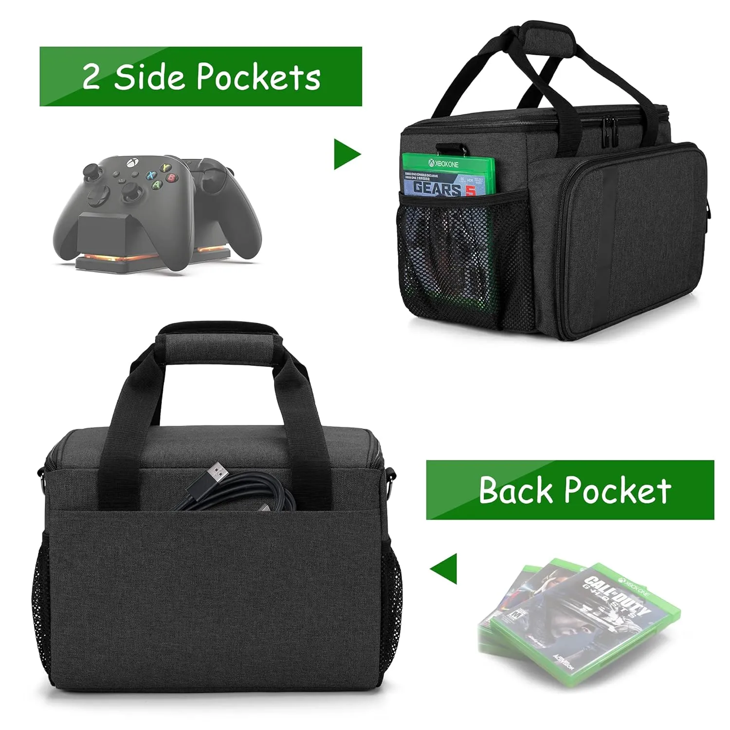 CURMIO Game Console Carrying Case Compatible for Xbox Series X, Portable Carrying Bag with Shoulder Strap for Controllers, Cables, Headsets, Ideal for Game Player, Black, Patent Pending, Bag Only