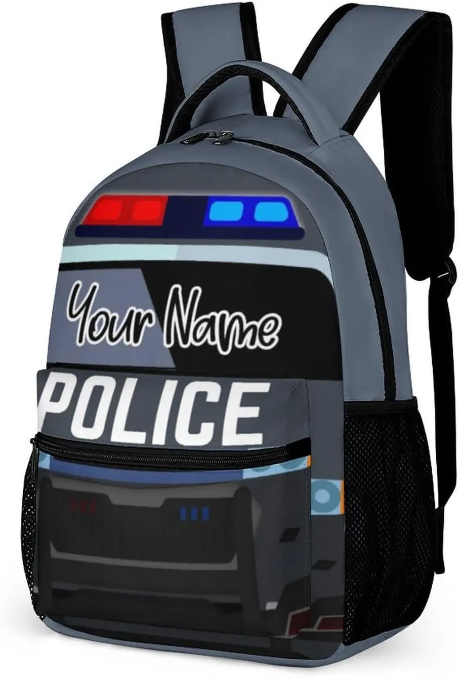 Custom Police Car Backpack for Kids Girls Boys School, 16 Inches Cool Police Car Theme Bookbag, Adjustable, Lightweight, Large Capacity, Colorful Cartoon Car Backpack for School