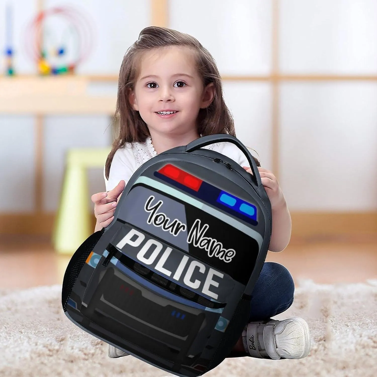 Custom Police Car Backpack for Kids Girls Boys School, 16 Inches Cool Police Car Theme Bookbag, Adjustable, Lightweight, Large Capacity, Colorful Cartoon Car Backpack for School