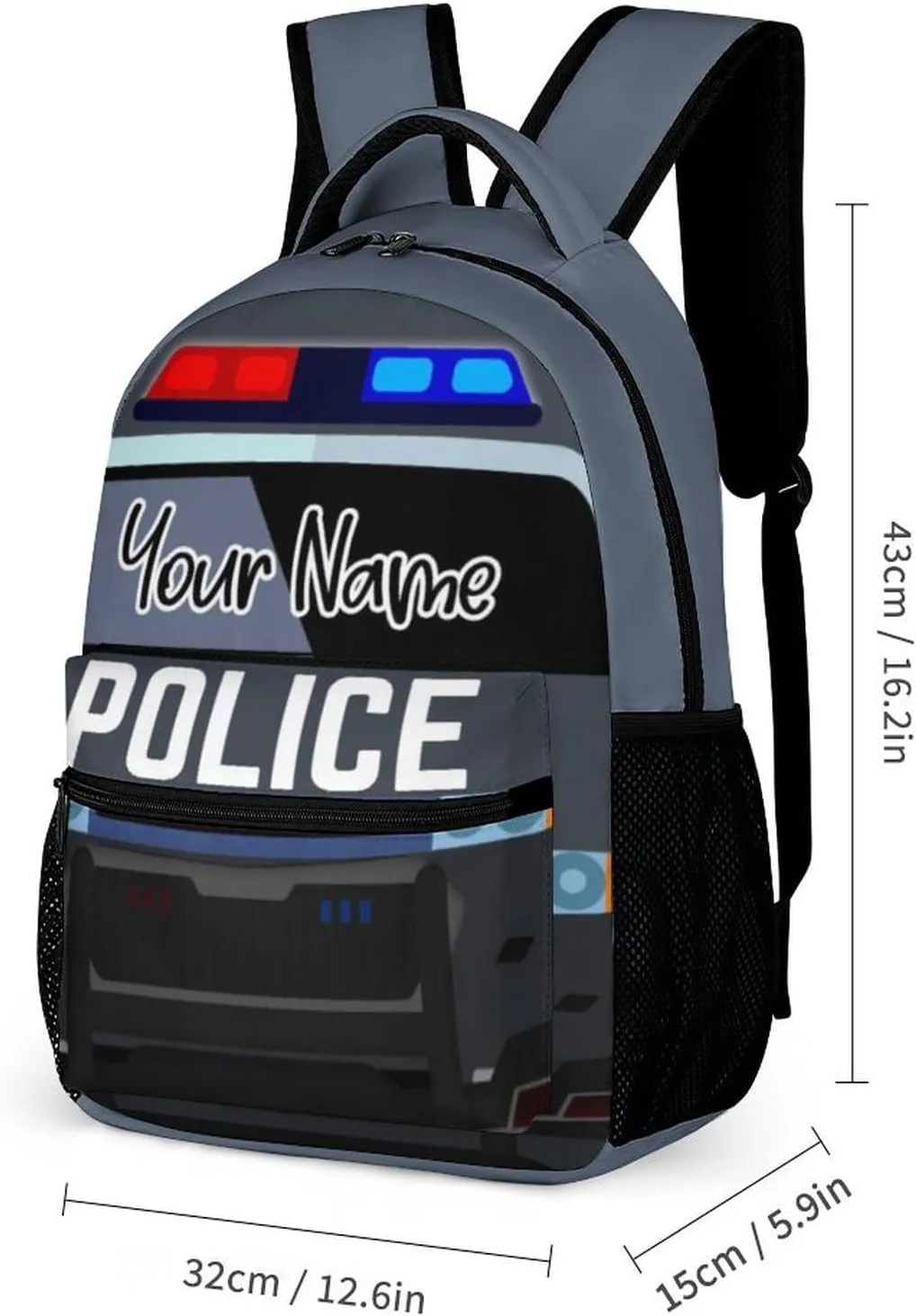 Custom Police Car Backpack for Kids Girls Boys School, 16 Inches Cool Police Car Theme Bookbag, Adjustable, Lightweight, Large Capacity, Colorful Cartoon Car Backpack for School