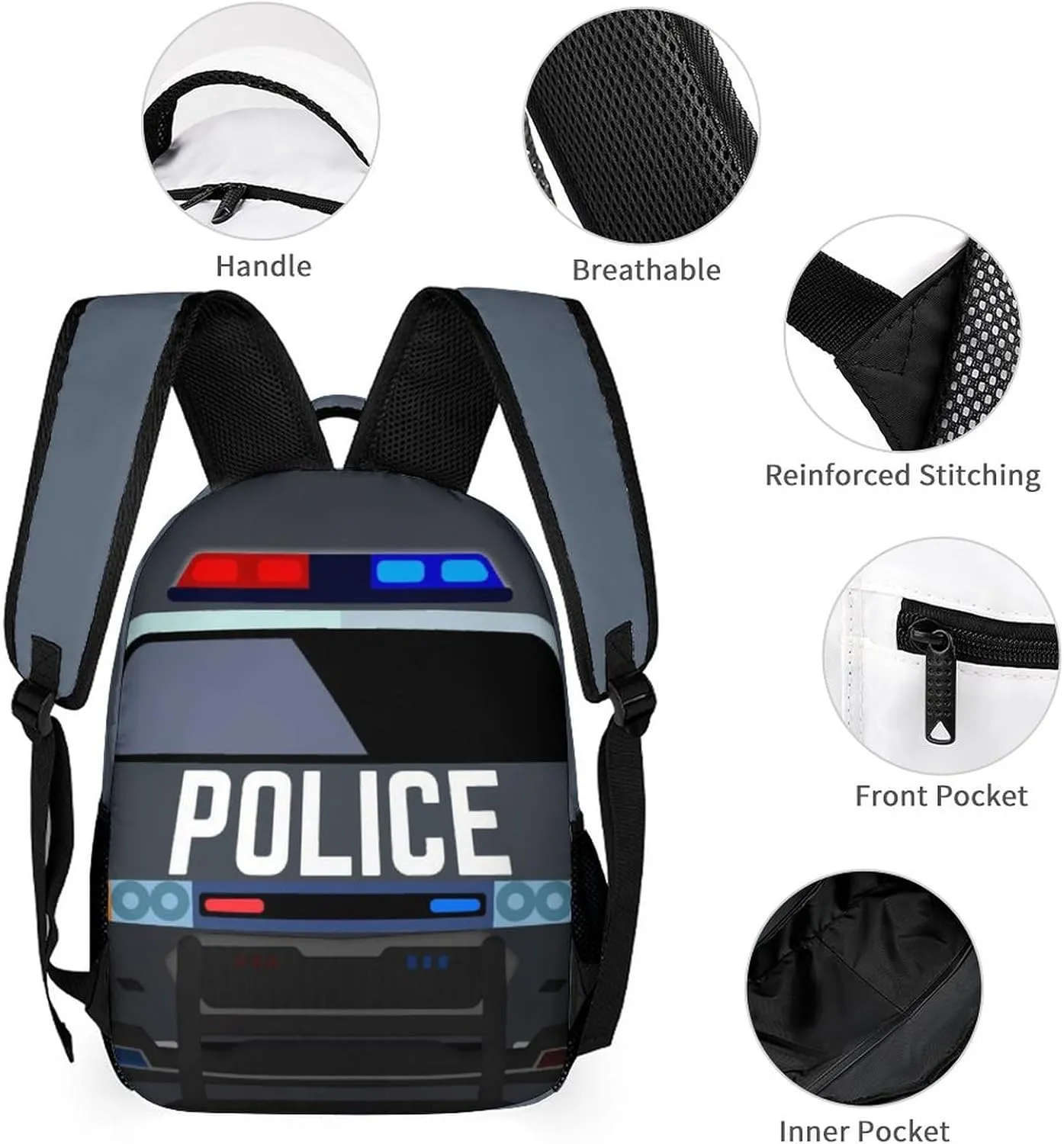 Custom Police Car Backpack for Kids Girls Boys School, 16 Inches Cool Police Car Theme Bookbag, Adjustable, Lightweight, Large Capacity, Colorful Cartoon Car Backpack for School