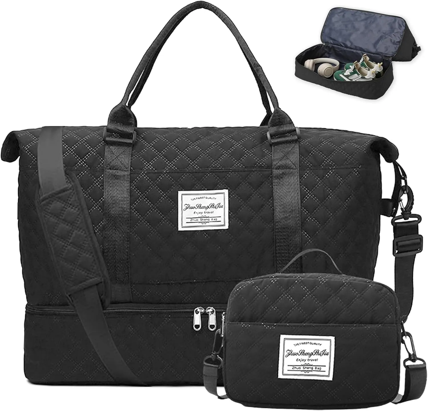 Duffle Bag for Travel Weekender Overnight Bag Women Men Carry on Duffel Bag with Shoe Compartment Travel Tote Gym Bag with Wet Pocket Workout Hospital Bags for Labor and Delivery Black