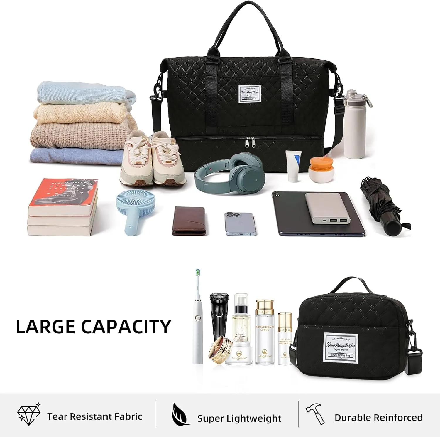 Duffle Bag for Travel Weekender Overnight Bag Women Men Carry on Duffel Bag with Shoe Compartment Travel Tote Gym Bag with Wet Pocket Workout Hospital Bags for Labor and Delivery Black