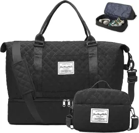Duffle Bag for Travel Weekender Overnight Bag Women Men Carry on Duffel Bag with Shoe Compartment Travel Tote Gym Bag with Wet Pocket Workout Hospital Bags for Labor and Delivery Black