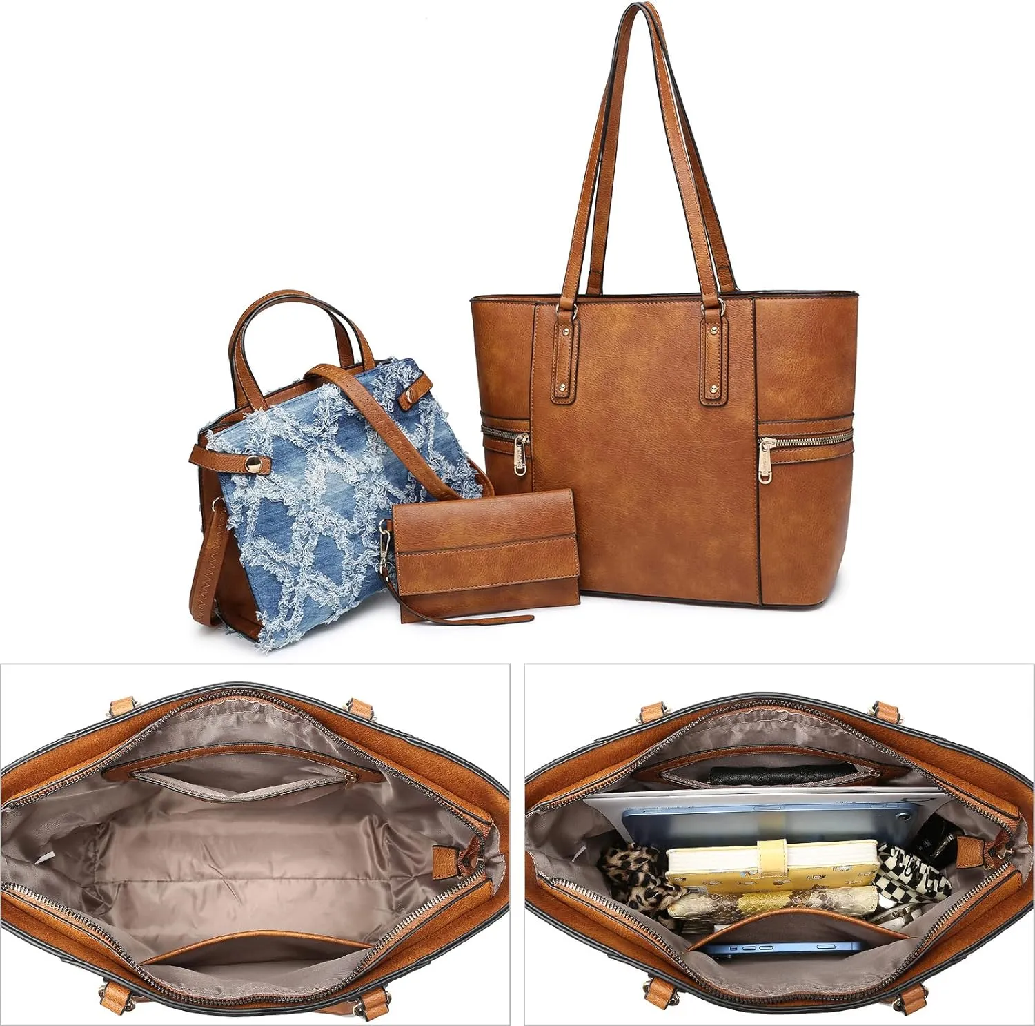 Fashion Handbags and Purses for Women Large Work Tote Bag Top Handle Satchel Shoulder Bag 3pcs Hobo Purse Set