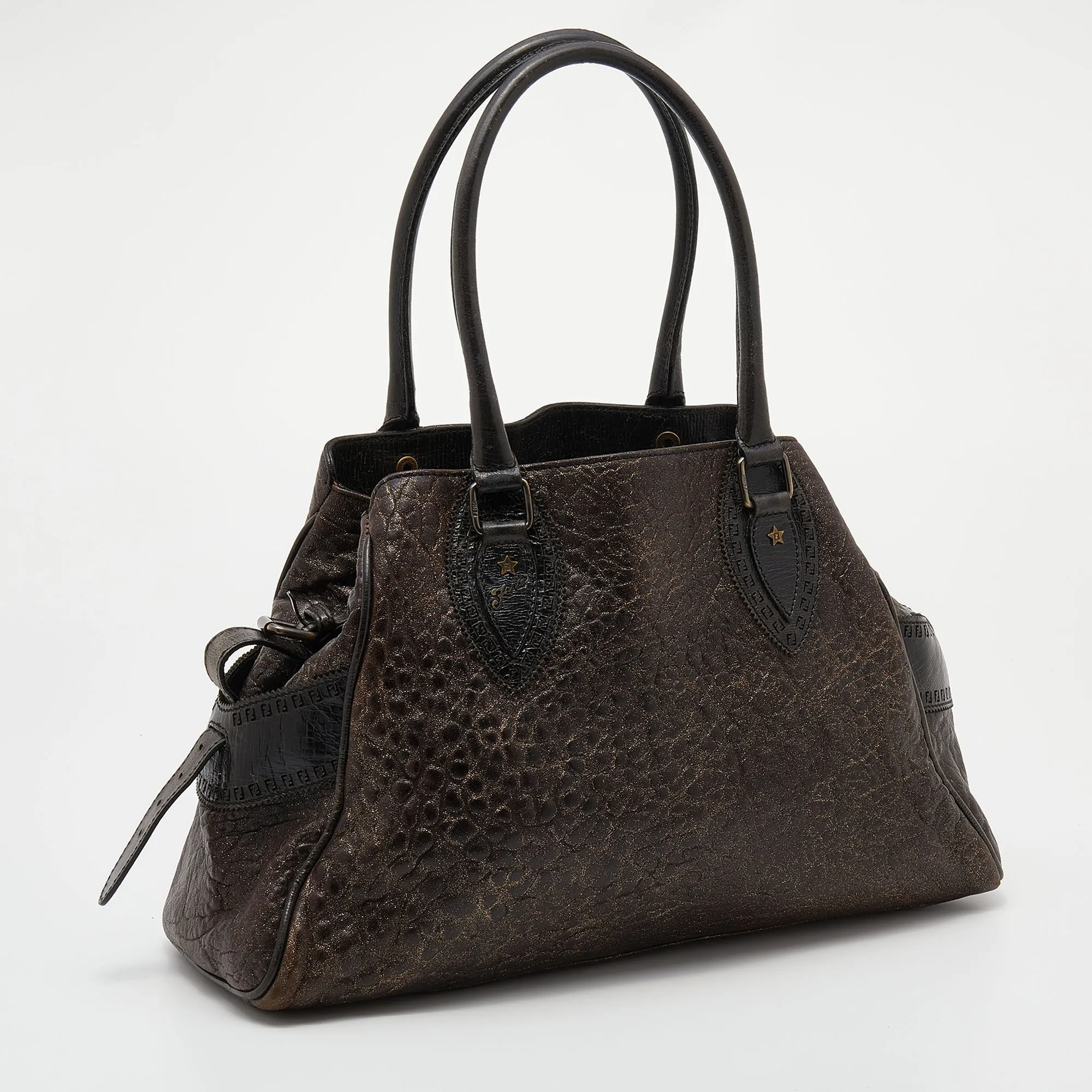 Fendi Brown/Gold Glitter Leather Medium Du Jour Satchel