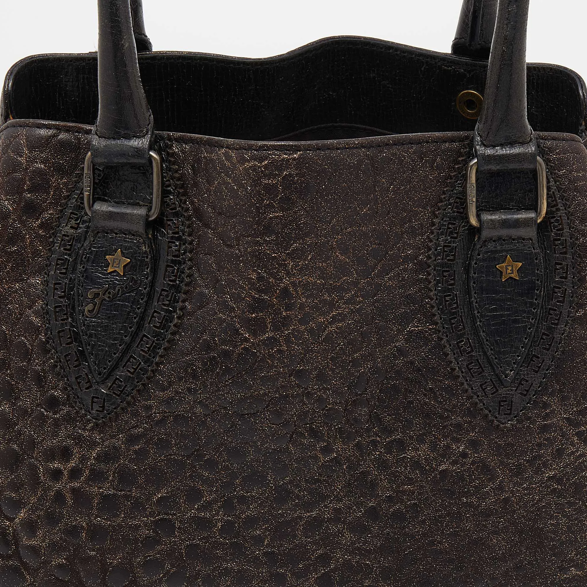 Fendi Brown/Gold Glitter Leather Medium Du Jour Satchel