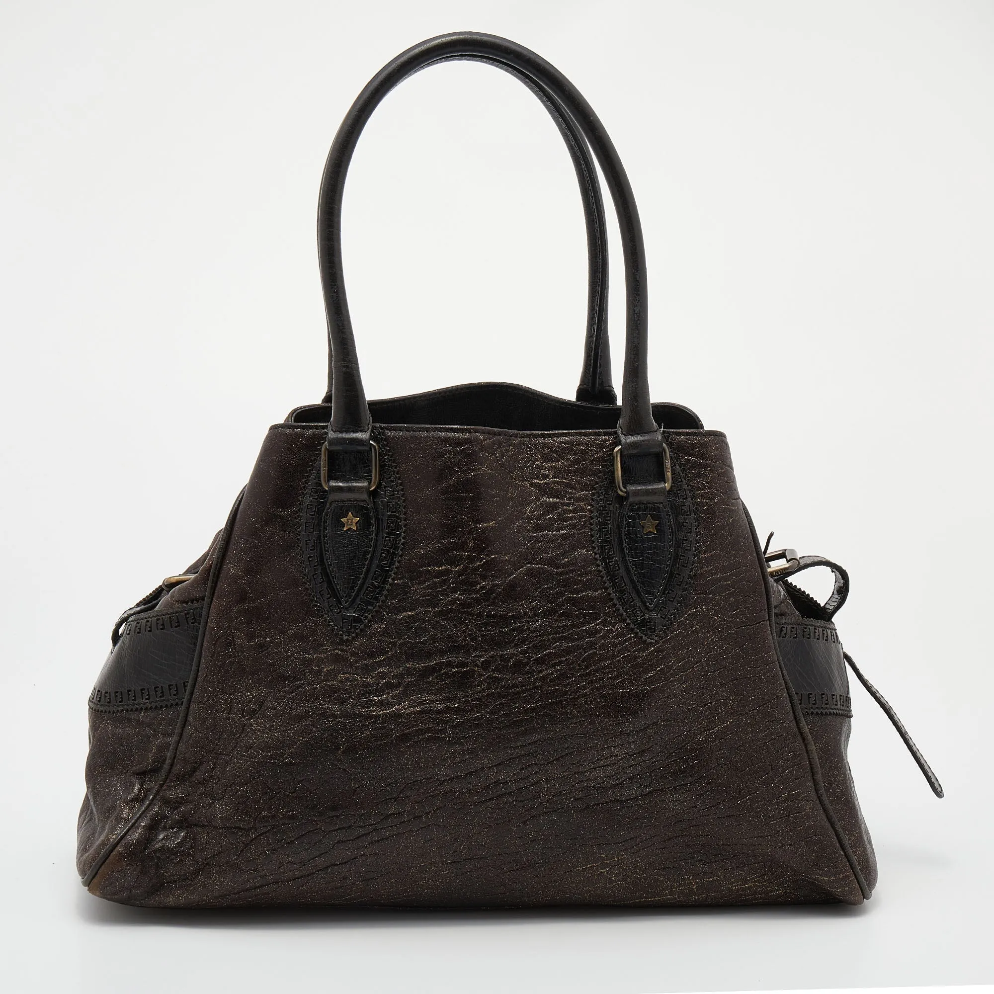 Fendi Brown/Gold Glitter Leather Medium Du Jour Satchel