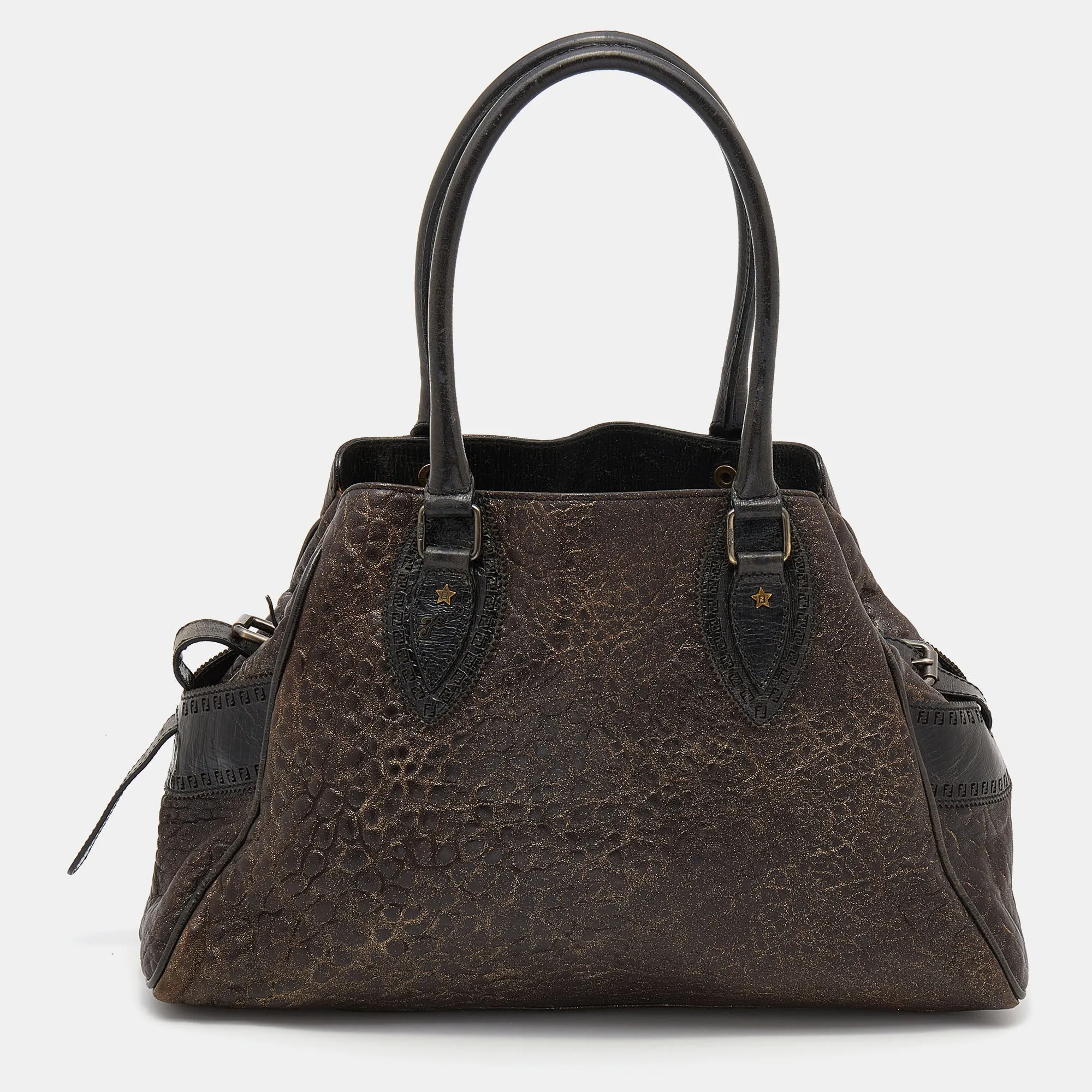 Fendi Brown/Gold Glitter Leather Medium Du Jour Satchel