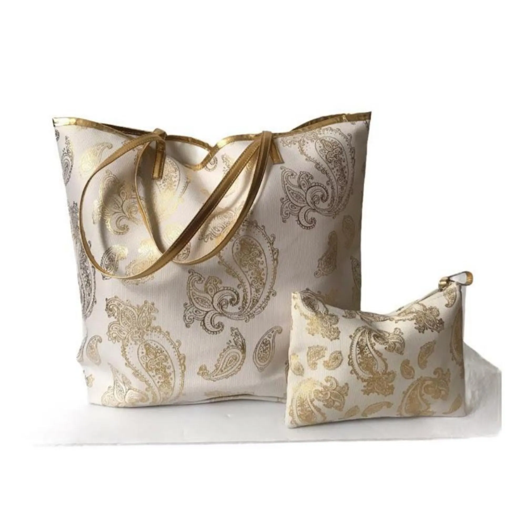 Foil paisley print Tote bag shoulder handbag matching wristlet set