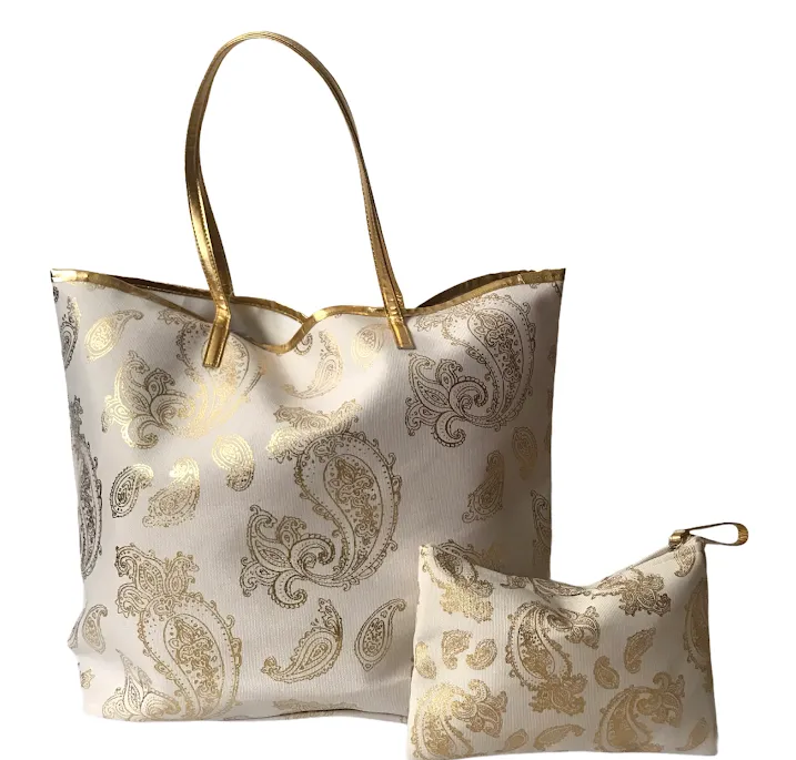 Foil paisley print Tote bag shoulder handbag matching wristlet set