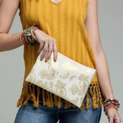 Foil paisley print Tote bag shoulder handbag matching wristlet set