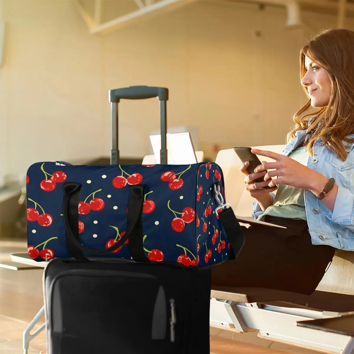 Foldable Travel Bag Cherry Fruit Theme Lightweight Carry On Bags for Airplanes Waterproof Travel Duffle Bag For Gym Weekend Overnight