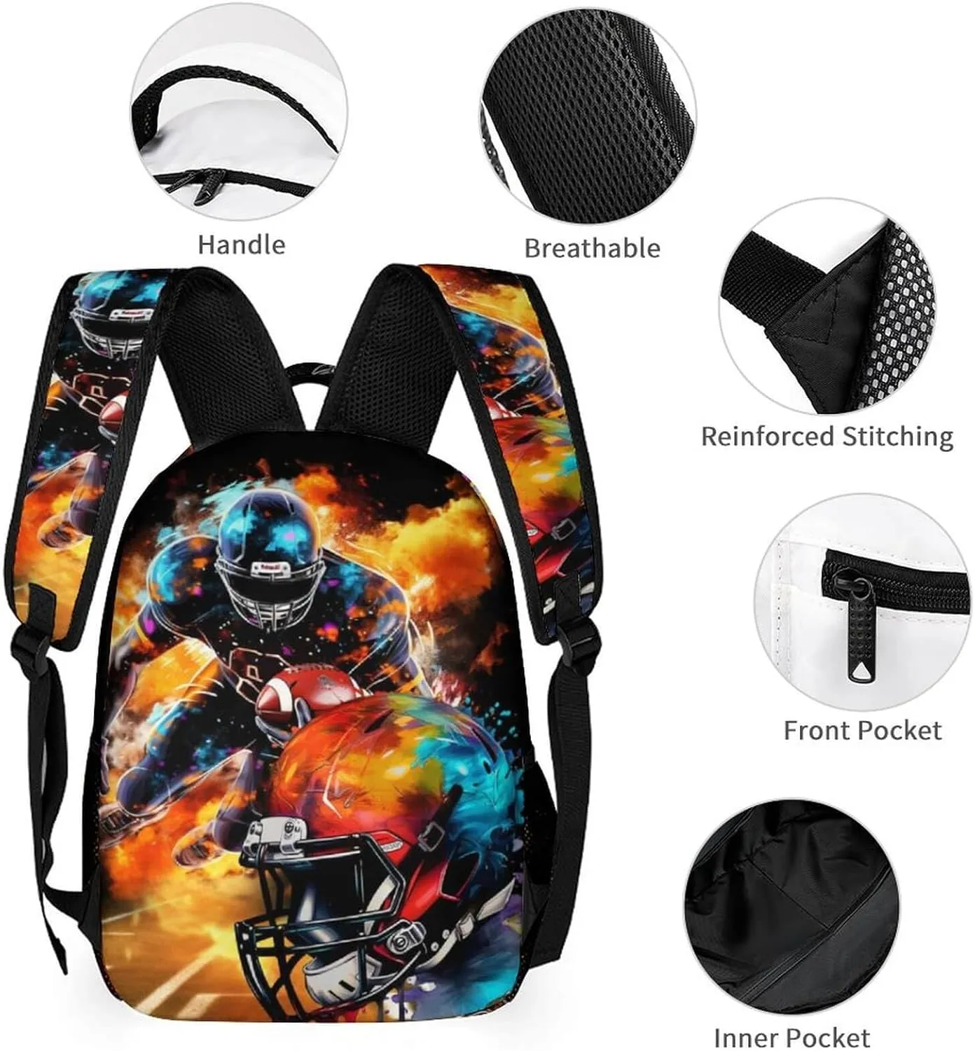 Football Backpack for Kids Girls Boys School, 16 Inches Cool Football Theme Bookbag, Adjustable, Lightweight, Large Capacity, Colorful Football Backpack for School