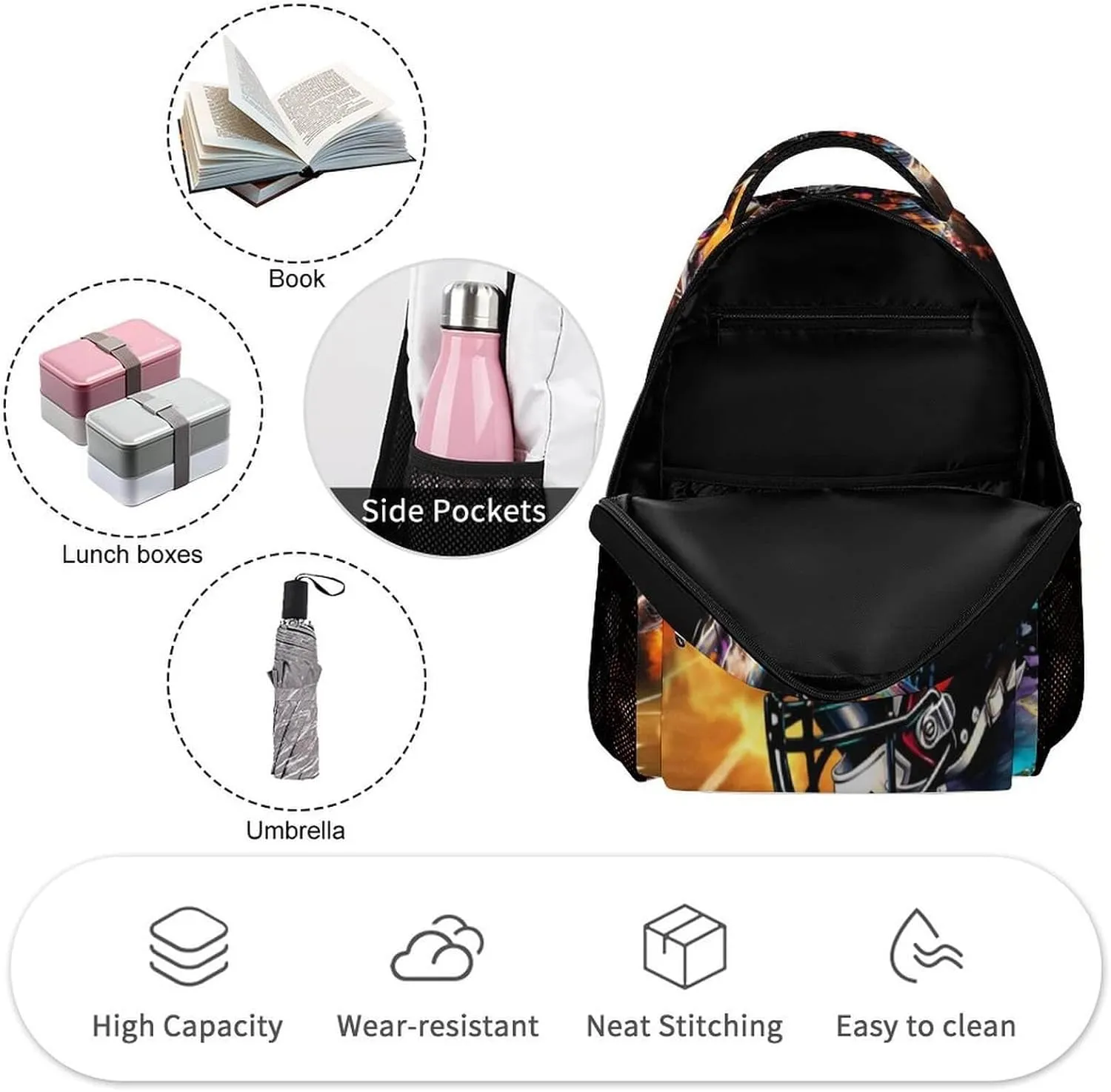 Football Backpack for Kids Girls Boys School, 16 Inches Cool Football Theme Bookbag, Adjustable, Lightweight, Large Capacity, Colorful Football Backpack for School
