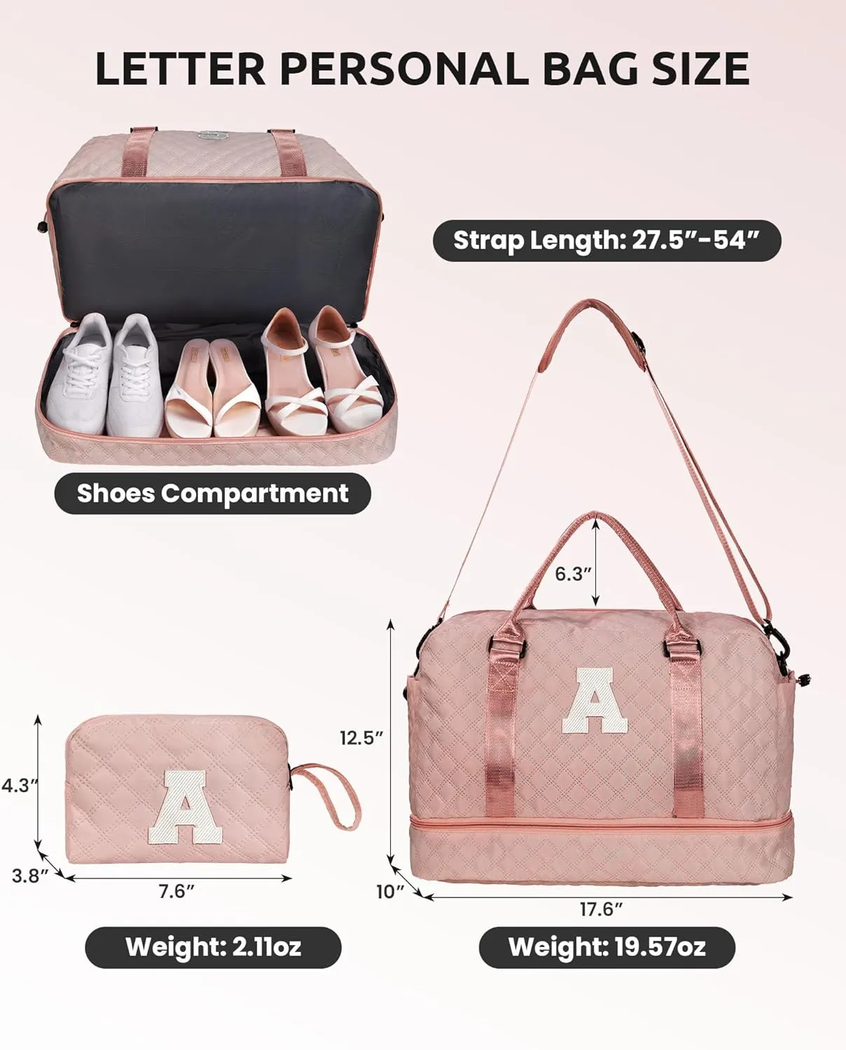Gifts for Daughter-Girls Initial Duffle Bag with Shoe Compartment, Kids Weekender Bag, Monogram Overnight Bag, Letter Travel Bag with Makeup BagSister Friend Girlfriend Gifts (Letter M)