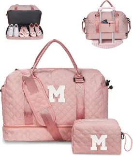 Gifts for Daughter-Girls Initial Duffle Bag with Shoe Compartment, Kids Weekender Bag, Monogram Overnight Bag, Letter Travel Bag with Makeup BagSister Friend Girlfriend Gifts (Letter M)