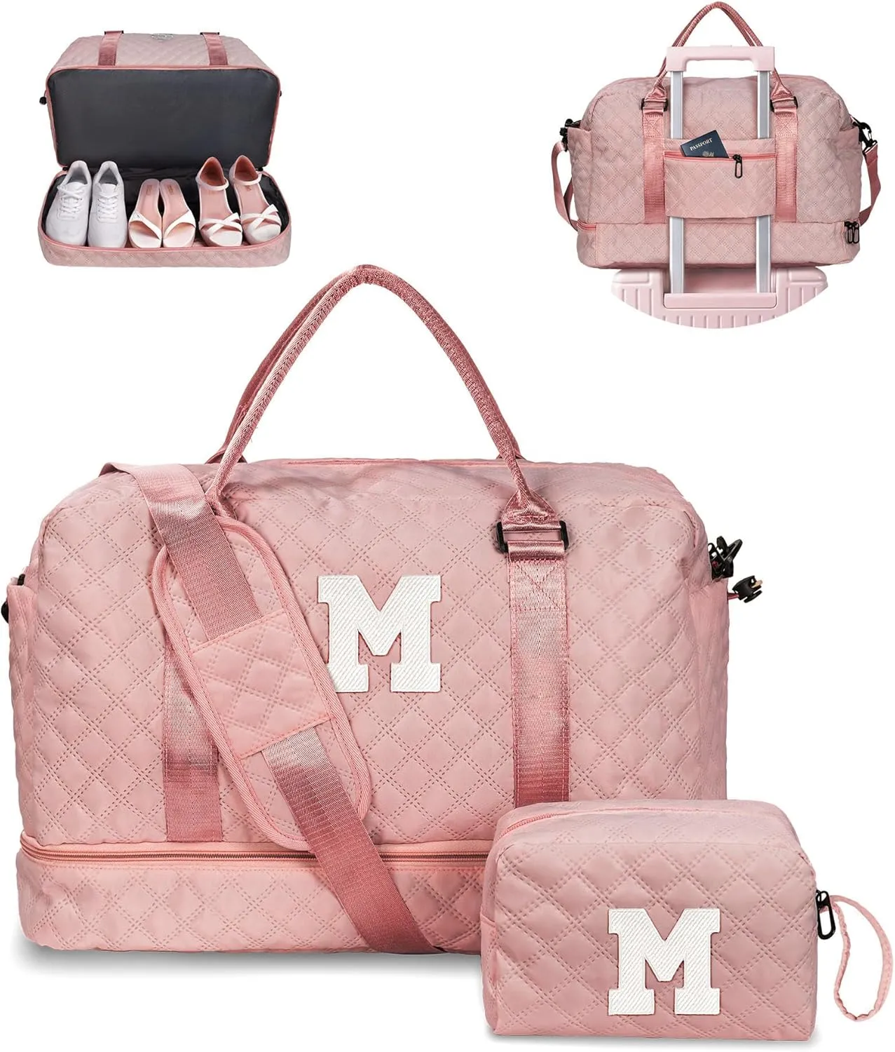 Gifts for Daughter-Girls Initial Duffle Bag with Shoe Compartment, Kids Weekender Bag, Monogram Overnight Bag, Letter Travel Bag with Makeup BagSister Friend Girlfriend Gifts (Letter M)