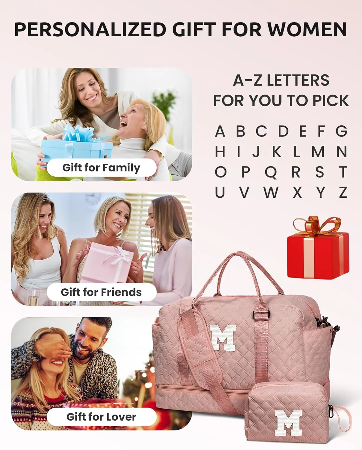 Gifts for Daughter-Girls Initial Duffle Bag with Shoe Compartment, Kids Weekender Bag, Monogram Overnight Bag, Letter Travel Bag with Makeup BagSister Friend Girlfriend Gifts (Letter M)