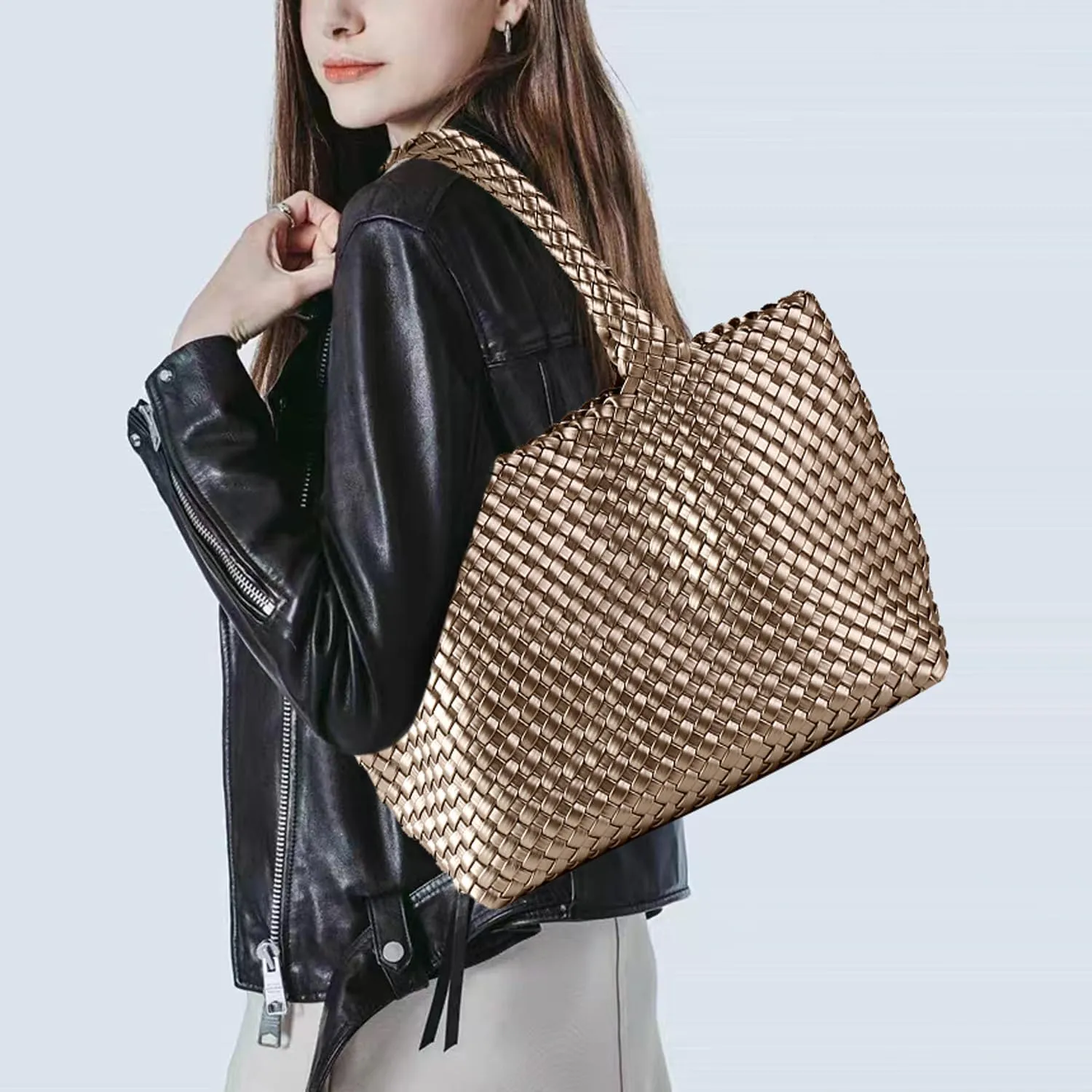 Large Woven Tote Bag for Women Vegan Leather Braided Handbag, and Purses, Top Handle Shoulder Bags