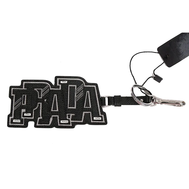NEW $495 PRADA Preppy LOGO Gray Black SAFFIANO LEATHER Trick KEYRING BAG CHARM