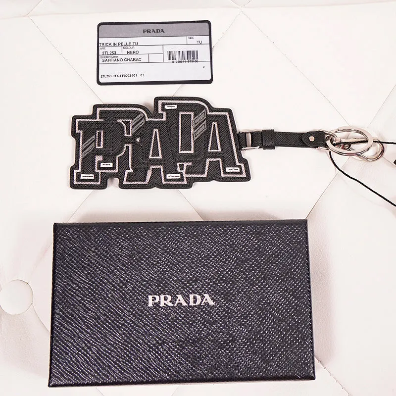 NEW $495 PRADA Preppy LOGO Gray Black SAFFIANO LEATHER Trick KEYRING BAG CHARM