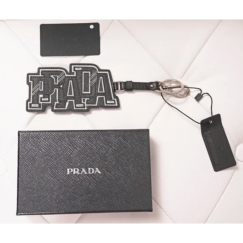 NEW $495 PRADA Preppy LOGO Gray Black SAFFIANO LEATHER Trick KEYRING BAG CHARM