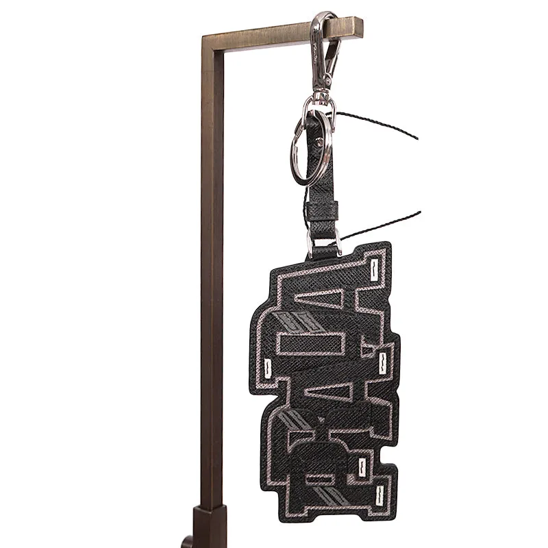 NEW $495 PRADA Preppy LOGO Gray Black SAFFIANO LEATHER Trick KEYRING BAG CHARM