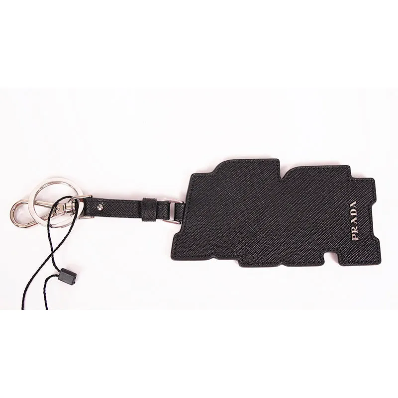 NEW $495 PRADA Preppy LOGO Gray Black SAFFIANO LEATHER Trick KEYRING BAG CHARM