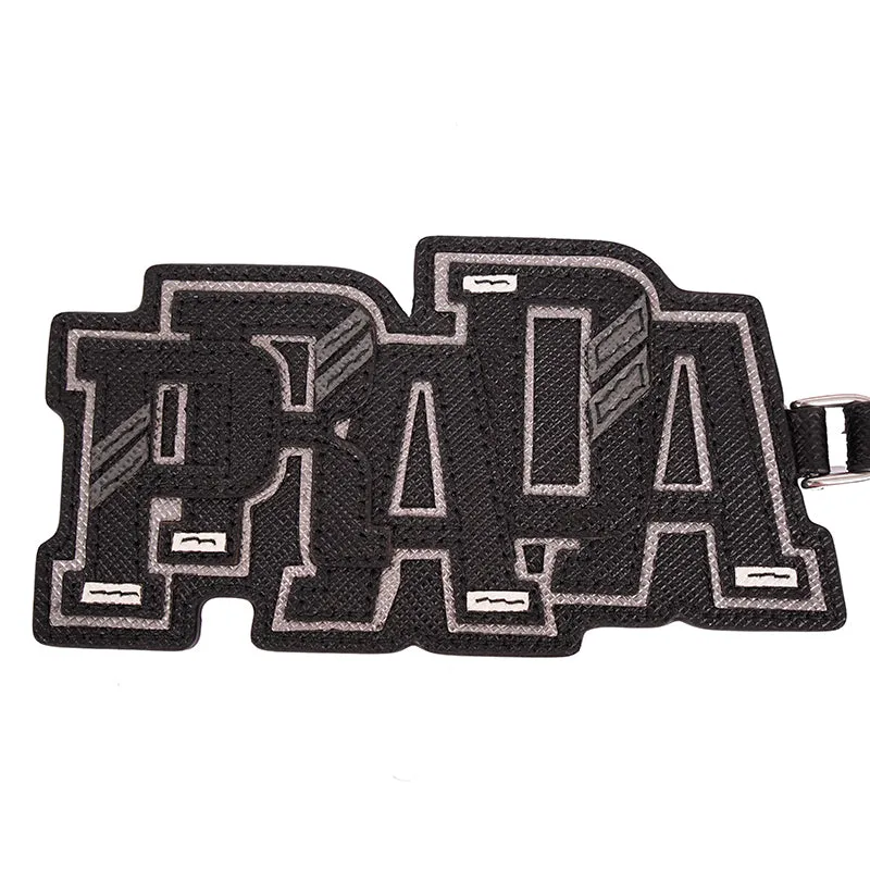 NEW $495 PRADA Preppy LOGO Gray Black SAFFIANO LEATHER Trick KEYRING BAG CHARM