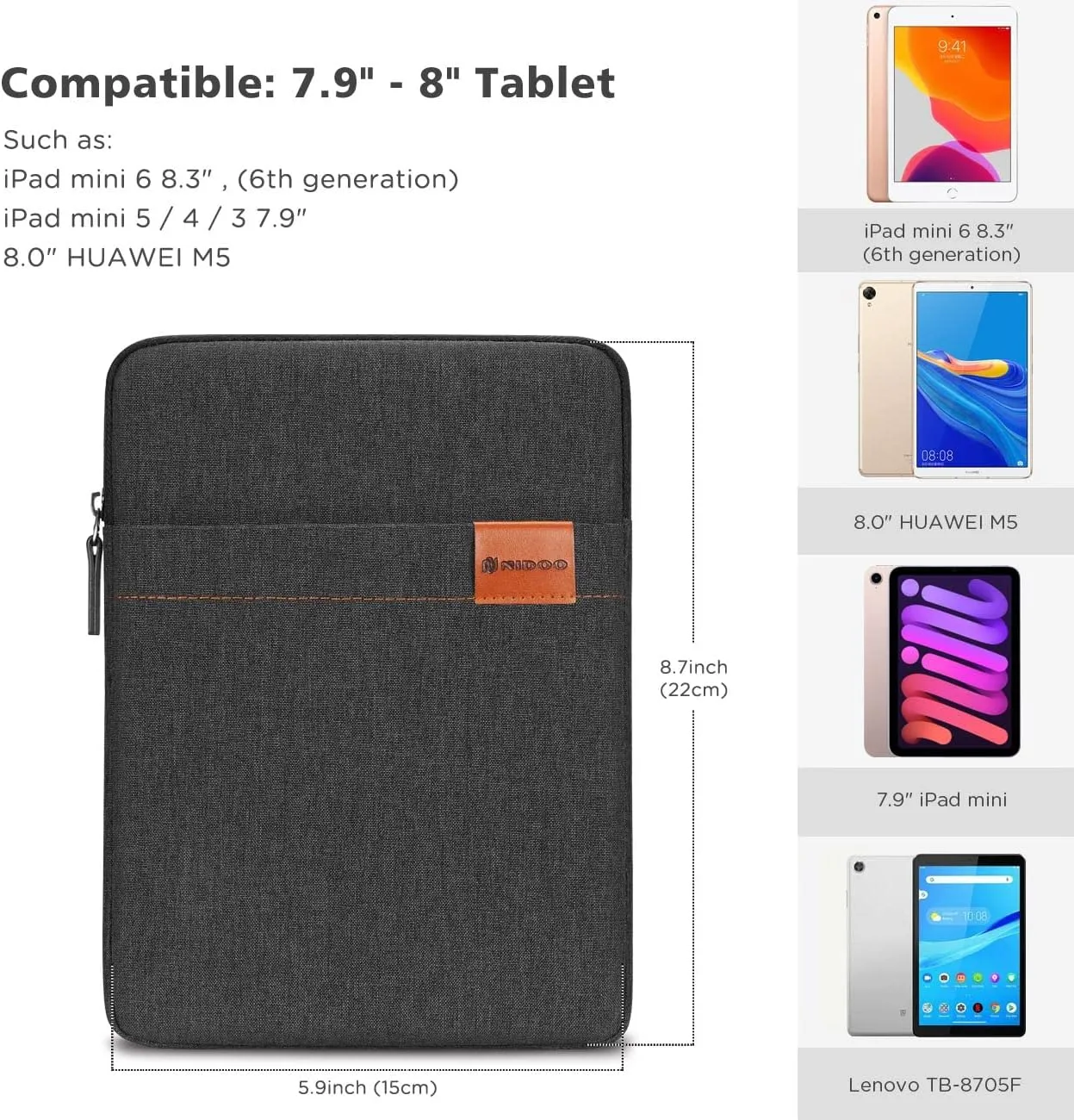 NIDOO Tablet Sleeve Bag 8 inch for 8.3" iPad Mini 6/7.9" iPad Mini 5/8" Lenovo Tab M8 Gen / 8.7" Galaxy Tab A7 / 8" Huawei MatePad T 8 Water Repellent Vertical Laptop Case Pouch